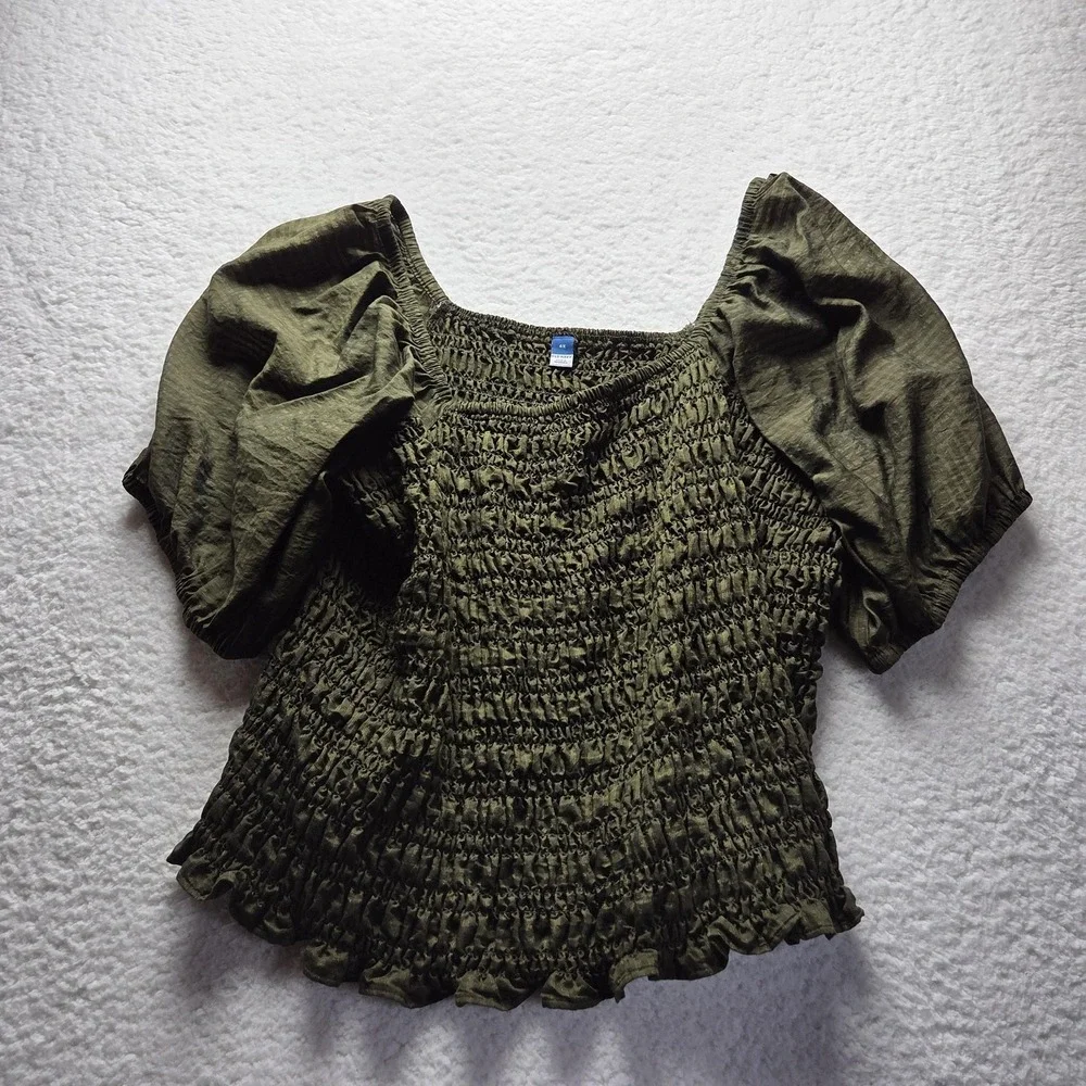 Old Navy Blouse Womens Plus 4X Green Square Neck Puff Sleeve Cropped Smocked Top